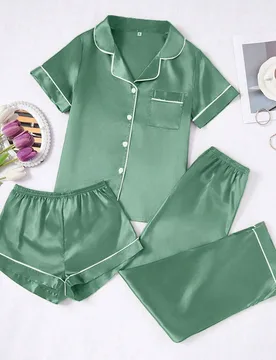 Conjunto de pijama de 3 piezas para mujer con unicolor en contraste y ribete de seda sintética - Shein - FashionsVida