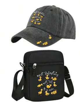 Pieza/2 piezas Gorra de béisbol y bolsa con estampado gráfico de pato amarillo gracioso, estilo vintage lavado, unisex, ajustable, moda de ropa de c - Shein - FashionsVida