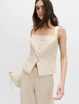 Pure Linen Gingham Waistcoat Multi/Neutral female - M&S - FashionsVida