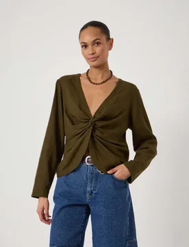 Linen Rich V-Neck Twist Front Top Khaki female - hush - FashionsVida