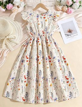 Vestido fluido con estampado floral y cintura con lazo para niñas preadolescentes, estilo de vacaciones de verano