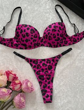 Set de 2 piezas de lencería con sujetador de tirantes finos y tanga en estampado de leopardo