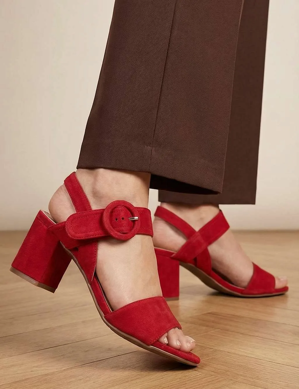 Suede Buckle Ankle Strap Block Heel Sandals Red female - Jones Bootmaker - FashionsVida