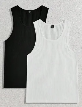 Paquete de 2 piezas Camiseta sin mangas de punto de unicolor casual de moda para hombres, para amigos, cosas de pareja, vacaciones, regalos del Día d - Shein - FashionsVida