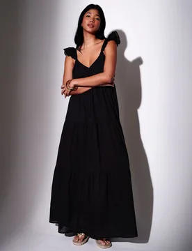 Pure Cotton Frill Sleeve Maxi Tiered Beach Dress Black female - South Beach - FashionsVida