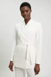 Tailored Collarless Belted Blazer - Ivory - Size: 6