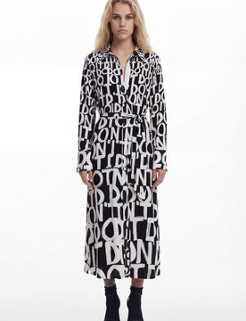 Robe midi à lettrage, Viscose, Noir, XS