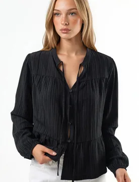Womens Long Sleeve Tippet Collar Blouse - Black - Size 2xs - Hiccup - FashionsVida
