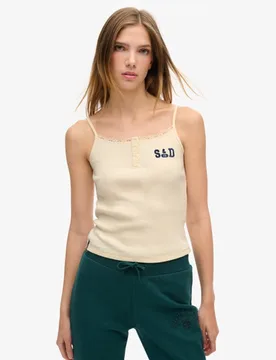 Superdry Damen Athletic Essentials Trägertop mit Grafik und Knöpfen Creme - Größe: 38-40 - 29.99 - FashionsVida