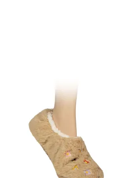 Women's 1 Pair SOCKSHOP Fluffy Fleece Lined Footsie Slipper Socks Light Brown Flowers 4-8 Womens - Brown - Size: Small - Wildfeet - FashionsVida