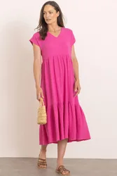 Textured Cotton Short Sleeve Midi Dress - Pink - Size: 14