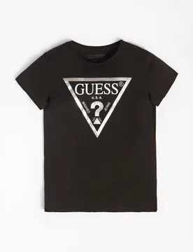T-shirt mezza manica nera in cotone con stampa logo triangolare - Guess - FashionsVida