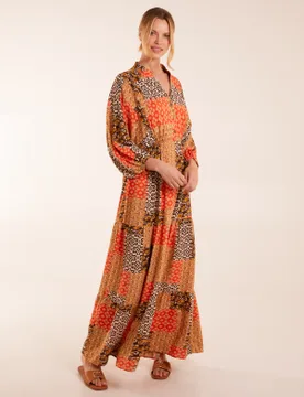 Abstract Patchwork Pattern Maxi Shirt Dress - S / ORANGE - female - Blue Vanilla - FashionsVida