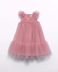 Abito corto smanicato rosa antico in tulle con balza su gonna