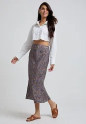 Poppy Bias Cut Aster Print Midi Skirt In Grey - 8
