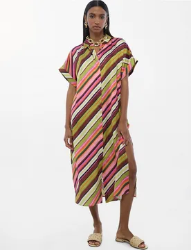 Vestido midi satinado camisero print multirayas - Lola Casademunt - FashionsVida
