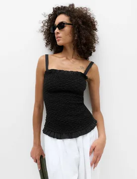 Pure Cotton Shirred Ruffle Detail Top Black female - M&S - FashionsVida