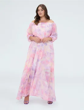 Vestido largo off shoulder estampado degradado cintura definida por elástico en la cintura - Fiorella Rubino - FashionsVida