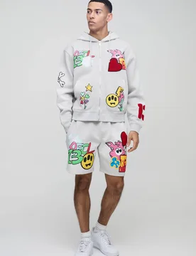 Men's Oversized Zip Through Puff Print Zip Through Hooded Short Tracksuit Light Grey Size Medium Light Grey M - boohooMAN - FashionsVida