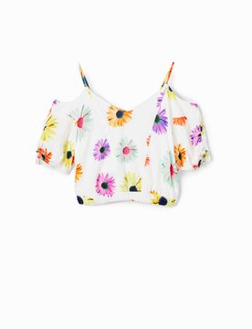 Blouse courte froncée fleurs, Viscose, Blanc, XS