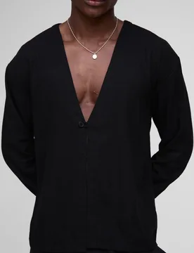 Men's Heavyweight Linen Blend Collarless Long Sleeve Regular Fit Shirt Black Size Large Black L - boohooMAN - FashionsVida