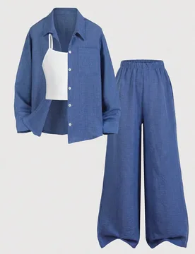 Conjunto de 3 piezas: Camisa de manga larga con estampado digital de lunares, Pantalones largos de lunares, Camisola negra, Adecuado para salidas de p - Shein - FashionsVida