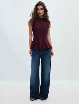 Ärmelloses Peplum-Top mit Stehkragen Purpurrot XL