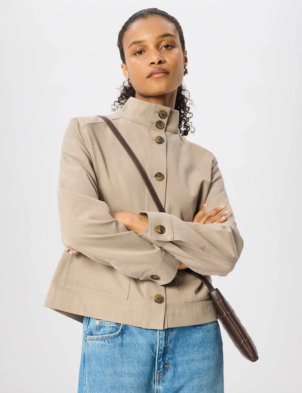 Cotton Rich Funnel Neck Short Jacket Taupe female - Whistles - FashionsVida