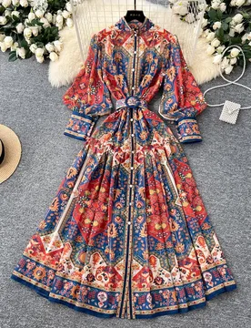 Fashion Bohemain Flower Maxi Dress Women's Stand Collar Long Lantern Sleeve Single Breasted Floral Print Belt Boho Robe Vestido - Aliexpress - FashionsVida