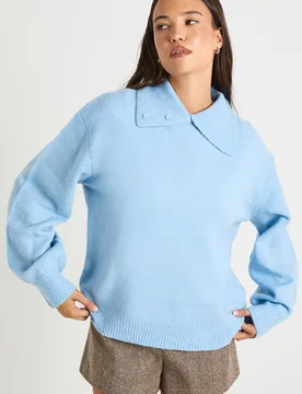 Womens Collar Detail Soft Knit Oversized Knitted Jumper - Pale Blue - Size Medium - Boohoo - FashionsVida
