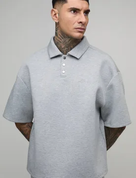 Men's Tall Oversized Boxy Bonded Scuba Rugby Polo Grey Marl Size Large Grey Marl L - boohooMAN - FashionsVida