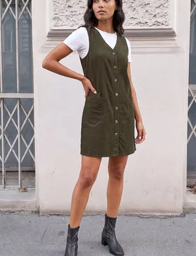 Women's Cotton V-Neck Button Pocket Dress in Khaki Size: 12 - Khaki - Size: 12 - Roman - FashionsVida