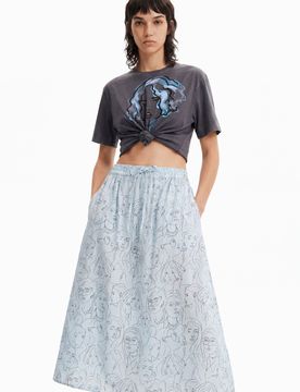 Jupe midi visages, Bleu, XS