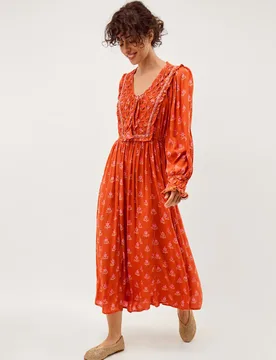 Printed V-Neck Midaxi Waisted Dress Orange Mix female - Monsoon - FashionsVida