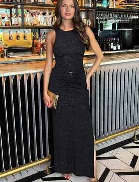 Black Sparkle O-Ring Detail Bodycon Midi Dress - Black - Size: 14 - AX Paris - FashionsVida