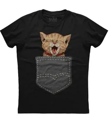 Funny Cat in Pocket Cute Kitten T-Shirt 100% Cotton O-Neck Summer Short Sleeve Casual Mens T-shirt Size S-3XL