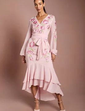 Women's Sequin Embellished & Embroidered High Low Maxi Dress in Blush Size: 16 - Blush - Size: 16 - Coast - FashionsVida