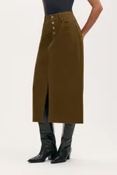 Beth Cotton Button-Front Midi Skirt - Dark Olive - Size: 16