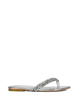 Women's 'Veda' Flat Flip Flop Sandals With Jewel Details in Silver Size: 8 - Silver - Size: 8 - XY London - FashionsVida