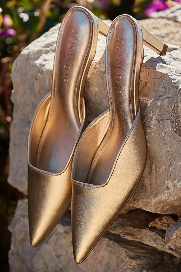 Womens Gold Leather Kitten Heel Mules - Size Uk 4 - Sosandar - FashionsVida
