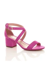 Mid Block Heel Crossed Straps Sandals - Fuchsia - Size: 6