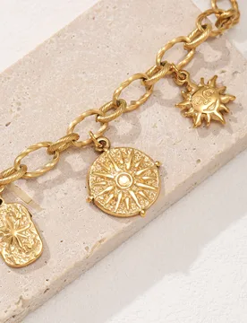 Golden Tone Stainless Steel Multi-Charm Bracelet with Heart and Sun Charms for Women - Aliexpress - FashionsVida