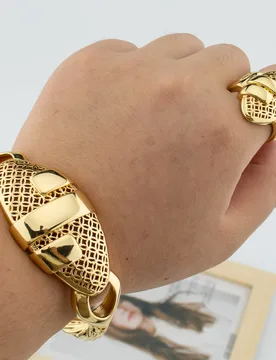 Cuff Bangle With Ring For Women 18K Gold Plated Bracelet Jewelry Nigerian Wedding Party Gift Dubai Hollow Out Design Bracelet - Aliexpress - FashionsVida