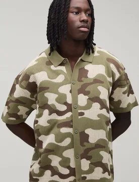 Mens Oversized Ribbed Camo Knitted Shirt - Khaki - Size 3xl - boohooMAN - FashionsVida
