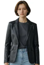 Women's Italian Leather Blazer Jacket-Chongqing in Black Size: 20 - Black - Size: 20