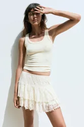 White Lace Ruffled Mini Skirt (Size: )