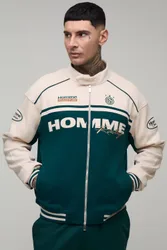 Herren Tall Kastige Passform Biker-Kragen Farbblock Moto Jersey Jacke Forest Größe Large