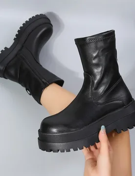 Botas de combate de plataforma con puntera redonda y tacón medio, con cremallera lateral, de estilo minimalista negro para mujer, para usar con vesti - Shein - FashionsVida