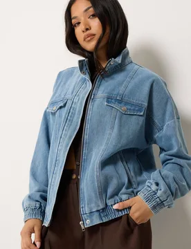 Petite Funnel Neck Denim Trucker Jacket - Mid Blue - Size: 8 - PixieGirl - FashionsVida