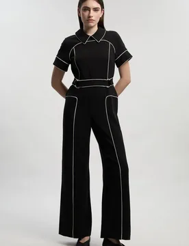 Women's Compact Stretch Contrast Tipped Tab Detail Tailored Jumpsuit in Black Size: 10 - Black - Size: 10 - Karen millen - FashionsVida
